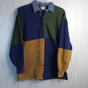VTG 90s Apparel Workshop Polo Shirt Mens XL color block blue green long sleeve